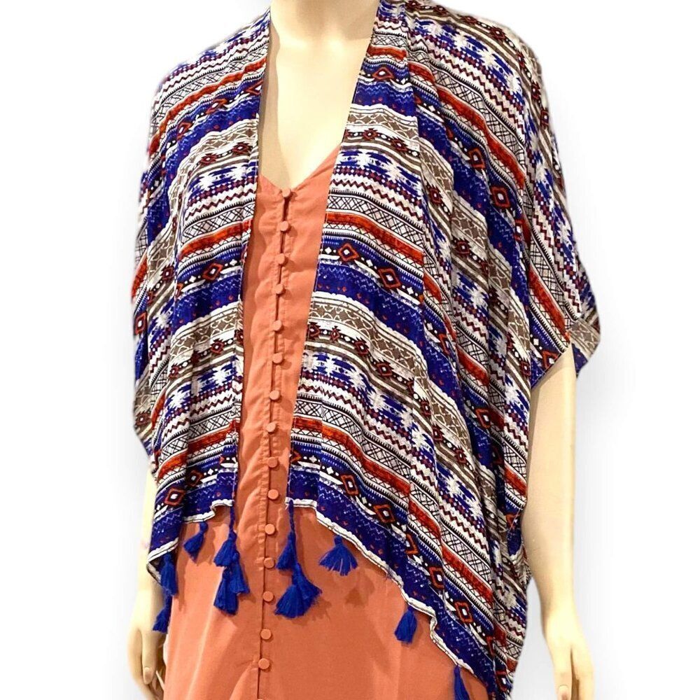 Multicolor Tribal Striped Tassel Trim Mid-Length Kimono Cardigan NEW